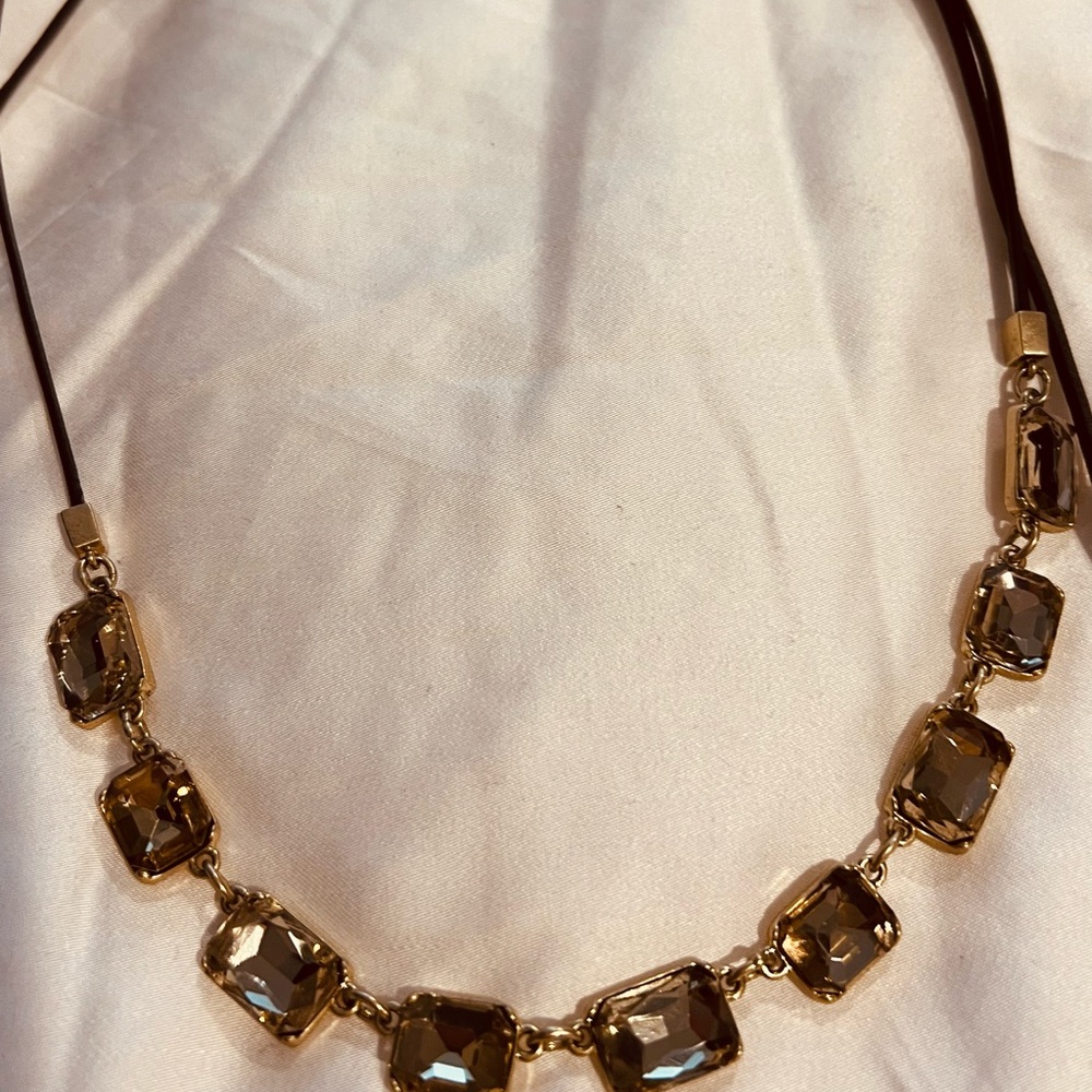 Stella & Dot Reese Sparkle Necklace in gold-tone with black leather trim on tie